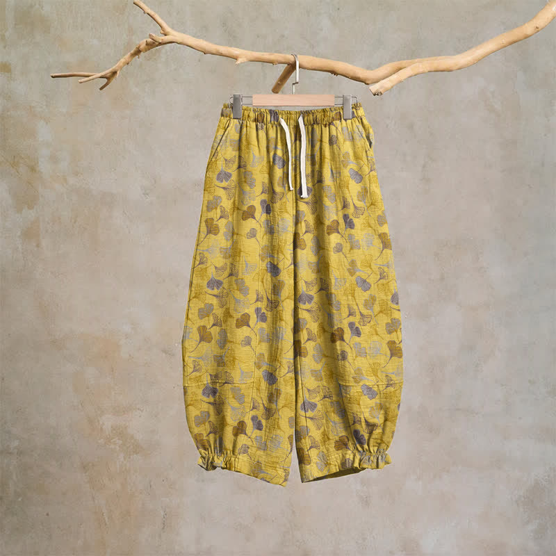 Ownkoti Retro Ginkgo Leaf Cotton Lounge Pants - Yellow - XL - image 0