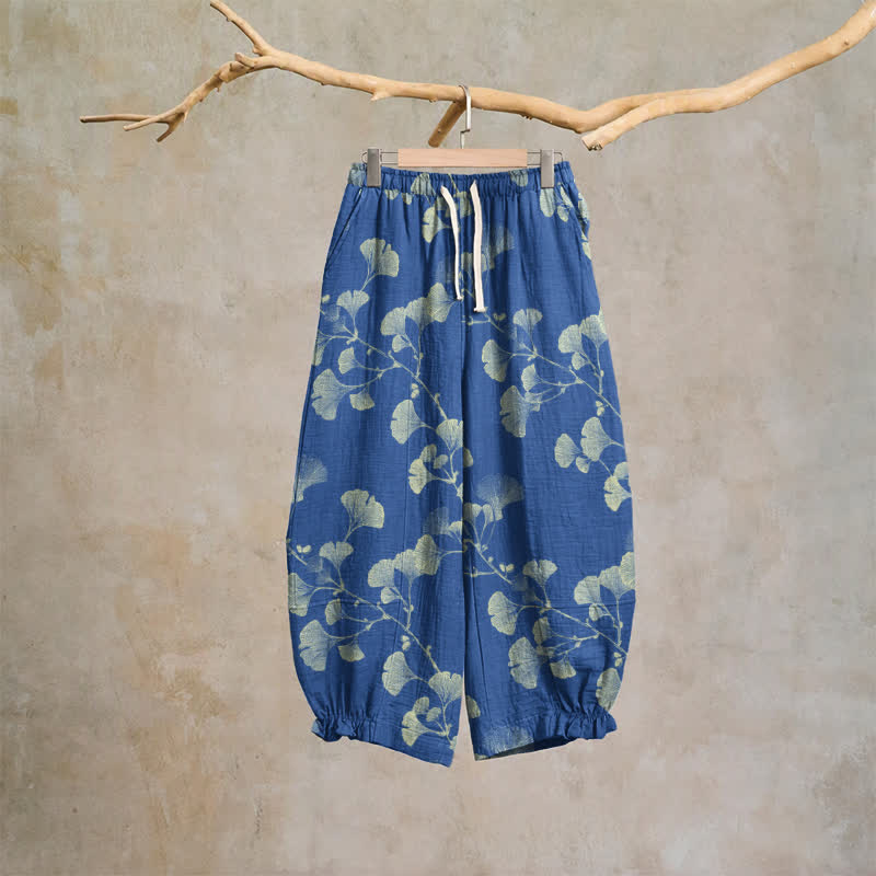 Ownkoti Ginkgo Branch Cotton Harem Pants with Pockets - Blue - XL - image 6