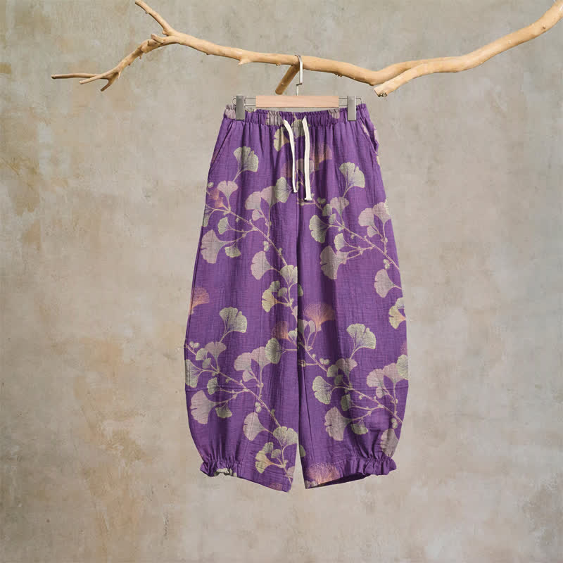Ownkoti Ginkgo Branch Cotton Harem Pants with Pockets - Purple - XL - image 0