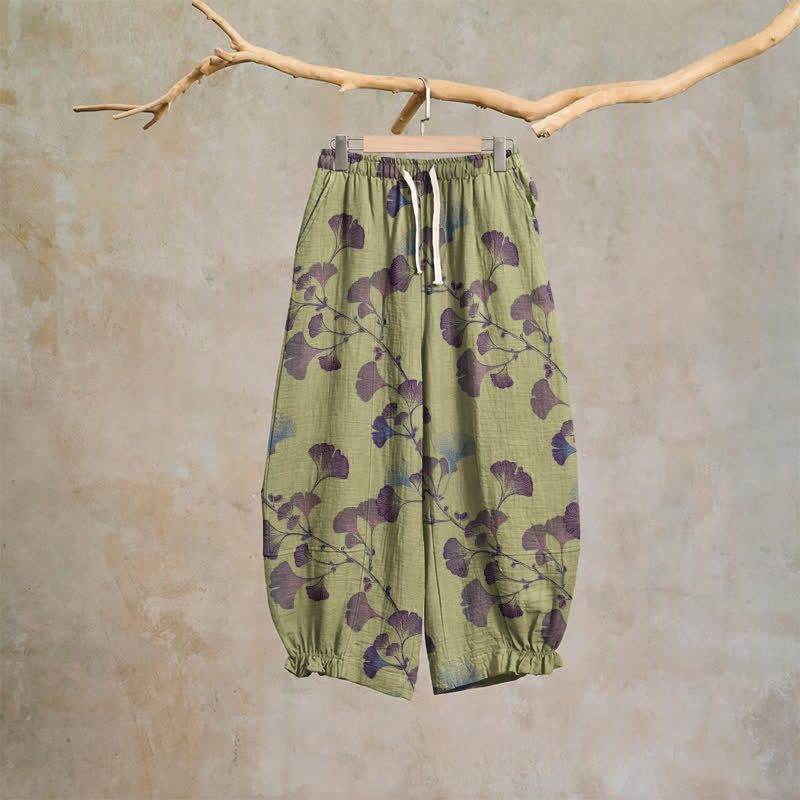 Ownkoti Ginkgo Branch Cotton Harem Pants with Pockets - Green & Purple - XL - image 12