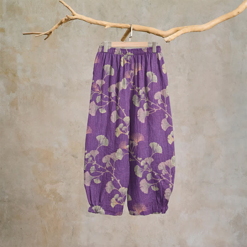 Ownkoti Ginkgo Branch Cotton Harem Pants with Pockets - image 1