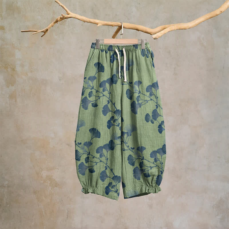 Ownkoti Ginkgo Branch Cotton Harem Pants with Pockets - Green & Blue - XL - image 18