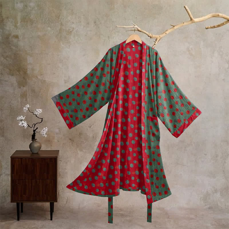 Ownkoti Vintage Polka Dot Cotton Kimono Robe - Green - XL - image 5