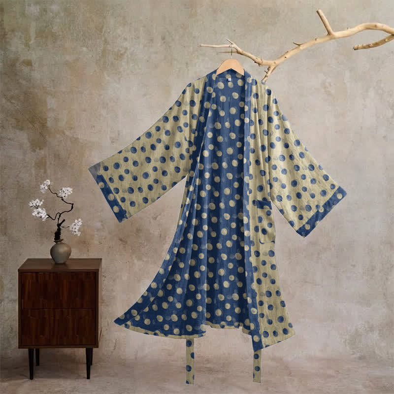 Ownkoti Vintage Polka Dot Cotton Kimono Robe - Beige - XL - image 15