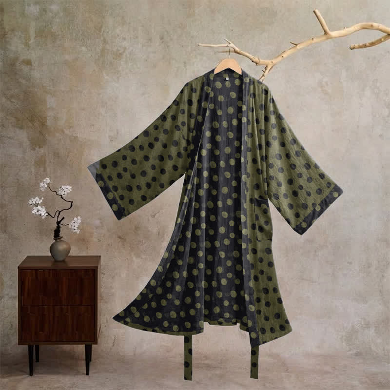 Ownkoti Vintage Polka Dot Cotton Kimono Robe - Gray & Green - XL - image 25