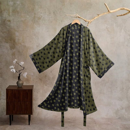 Ownkoti Vintage Polka Dot Cotton Kimono Robe - Gray & Green - XL - image 25