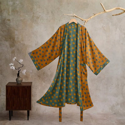 Ownkoti Vintage Polka Dot Cotton Kimono Robe - Yellow - XL - image 25