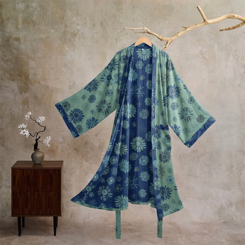 Ownkoti Vintage Sunflower Cotton Gauze Kimono Robe - Green & Blue - XL - image 15