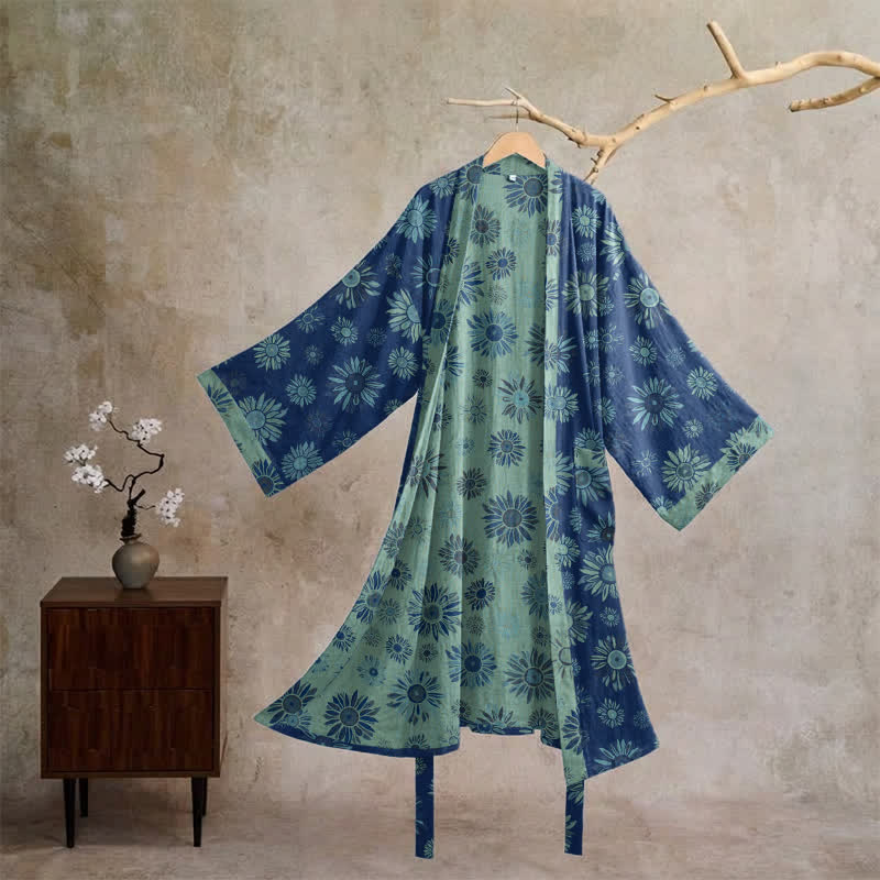 Ownkoti Vintage Sunflower Cotton Gauze Kimono Robe - Blue - XL - image 10