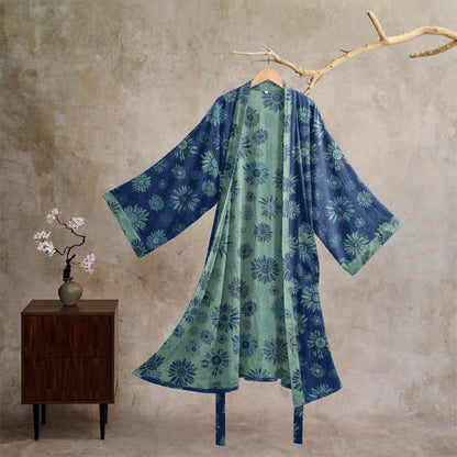 Ownkoti Vintage Sunflower Cotton Gauze Kimono Robe - Blue - XL - image 10