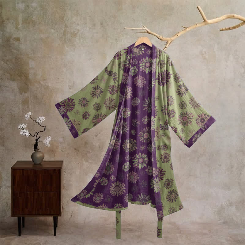 Ownkoti Vintage Sunflower Cotton Gauze Kimono Robe - Green & Purple - XL - image 5