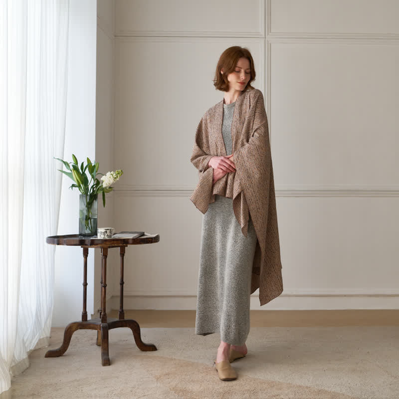 Ownkoti Solid Color Grid Weave Poncho Shawl Wrap - image 9