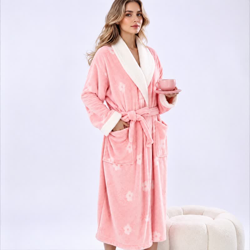 Ownkoti Soft Flower Coral Fleece Bath Robe - Pink - One Size - image 0