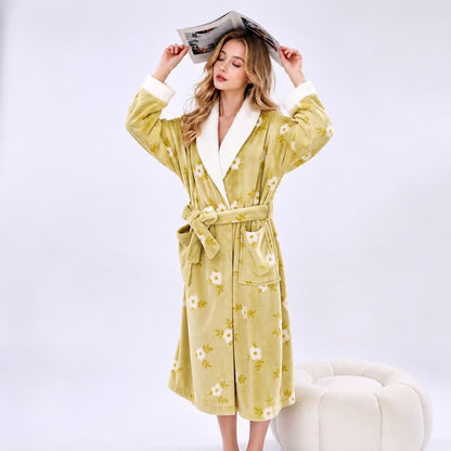 Ownkoti Soft Flower Coral Fleece Bath Robe - Yellow - One Size - image 5