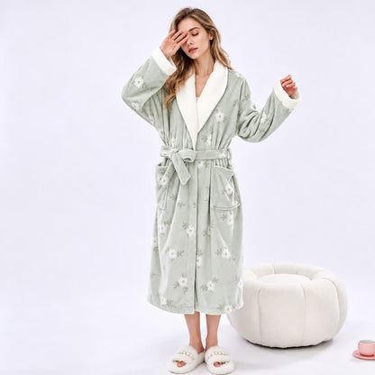 Ownkoti Soft Flower Coral Fleece Bath Robe - Light Green - One Size - image 10