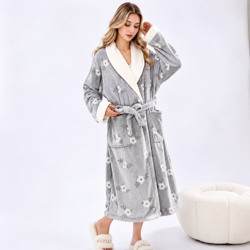 Ownkoti Soft Flower Coral Fleece Bath Robe - Light Gray - One Size - image 15