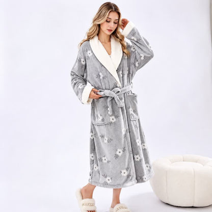 Ownkoti Soft Flower Coral Fleece Bath Robe - Light Gray - One Size - image 15