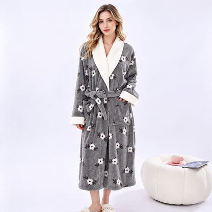 Ownkoti Soft Flower Coral Fleece Bath Robe - Dark Gray - One Size - image 21