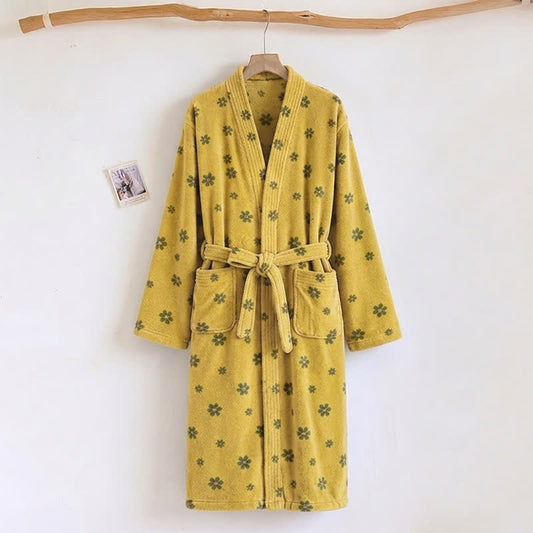Ownkoti Floral Coral Fleece V-neck Wrap Bath Robe - Yellow - One Size - image 0