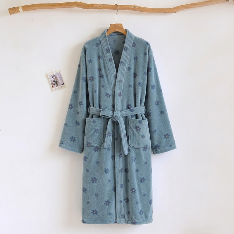 Ownkoti Floral Coral Fleece V-neck Wrap Bath Robe - Blue - One Size - image 10
