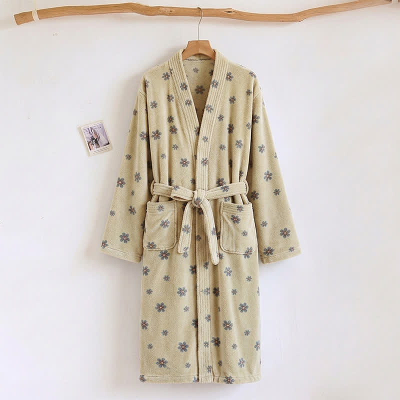 Ownkoti Floral Coral Fleece V-neck Wrap Bath Robe - Beige - One Size - image 5