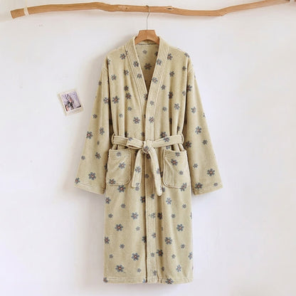 Ownkoti Floral Coral Fleece V-neck Wrap Bath Robe - Beige - One Size - image 5