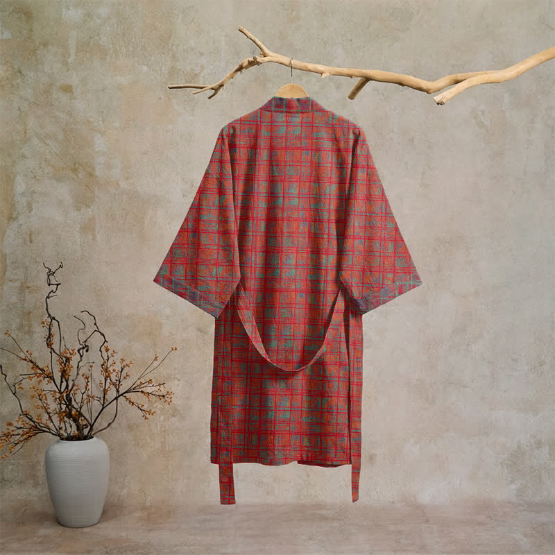 Ownkoti Red Plaid Cotton Gauze Kimono Robe - image 1