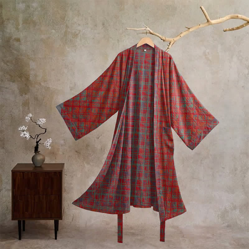 Ownkoti Red Plaid Cotton Gauze Kimono Robe - Red - XL - image 0