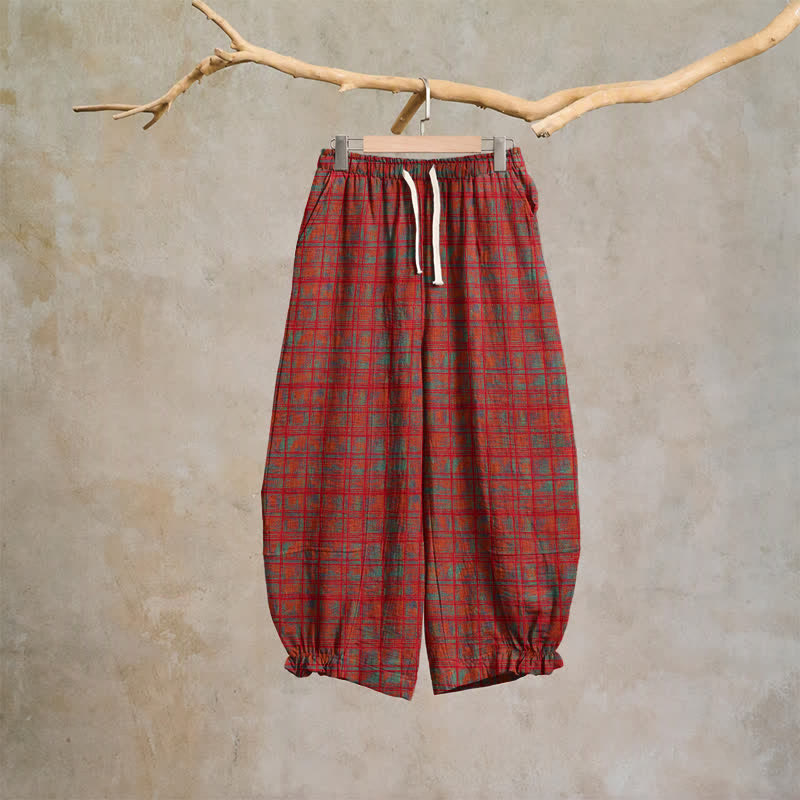 Ownkoti Vintage Red Plaid Cotton Harem Pants - Red - XL - image 0