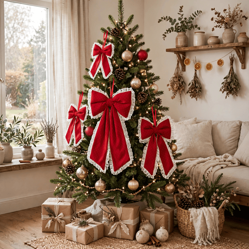 Ownkoti Red Lace Rhinestone Christmas Bow Ornament - image 4