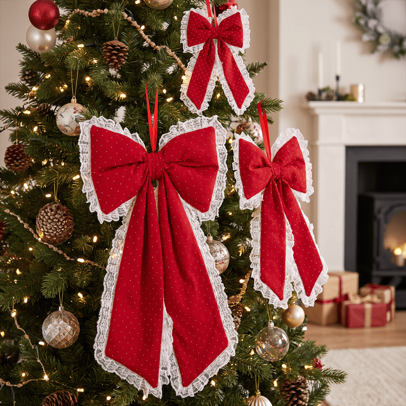 Ownkoti Red Lace Rhinestone Christmas Bow Ornament - Red - 31" x 16" - image 0