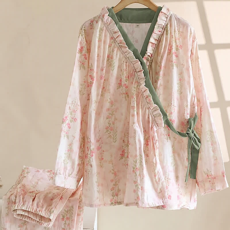 Ownkoti Rose Print Cotton Gauze Asymmetric Front Loungewear Set - image 1