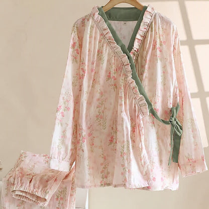 Ownkoti Rose Print Cotton Gauze Asymmetric Front Loungewear Set - image 1