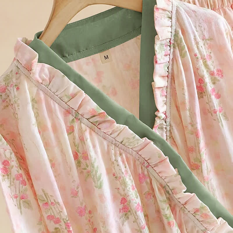 Ownkoti Rose Print Cotton Gauze Asymmetric Front Loungewear Set - image 2
