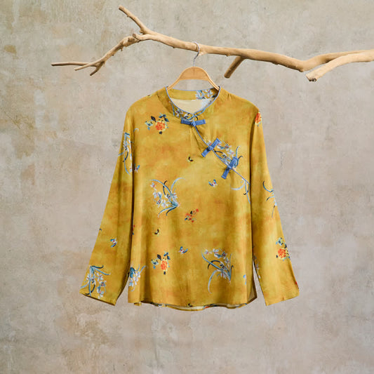 Ownkoti Vintage Floral Insect Long Sleeve Top - Yellow - 2XL - image 0
