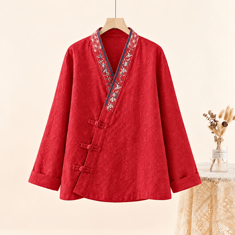 Ownkoti Vintage Cotton Linen Frog Button Lounge Top - Red - 2XL - image 10