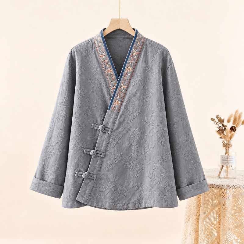 Ownkoti Vintage Cotton Linen Frog Button Lounge Top - Gray - 2XL - image 17