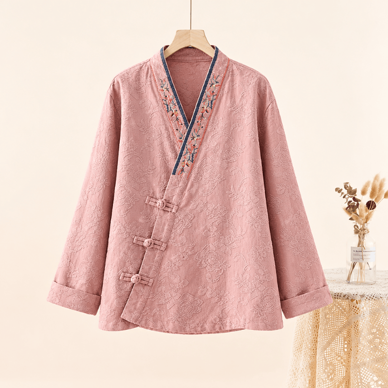 Ownkoti Vintage Cotton Linen Frog Button Lounge Top - Pink - 2XL - image 0