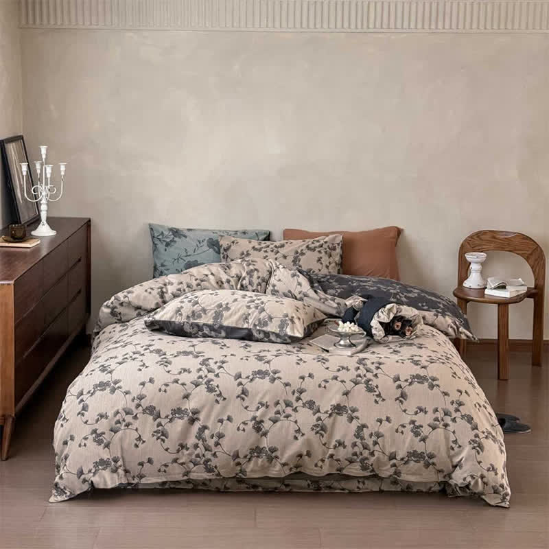 Ownkoti Vintage Ginkgo Leaf Pure Cotton Bedding(4PCS) - Gray - King - image 5