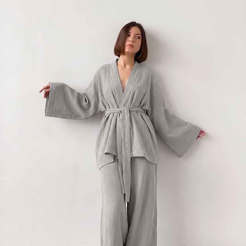 Ownkoti Solid Color Cotton Gauze Kimono Pajamas - Purple - XL - image 4
