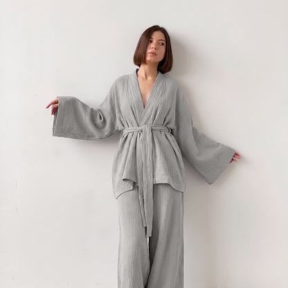 Ownkoti Solid Color Cotton Gauze Kimono Pajamas - Purple - XL - image 4