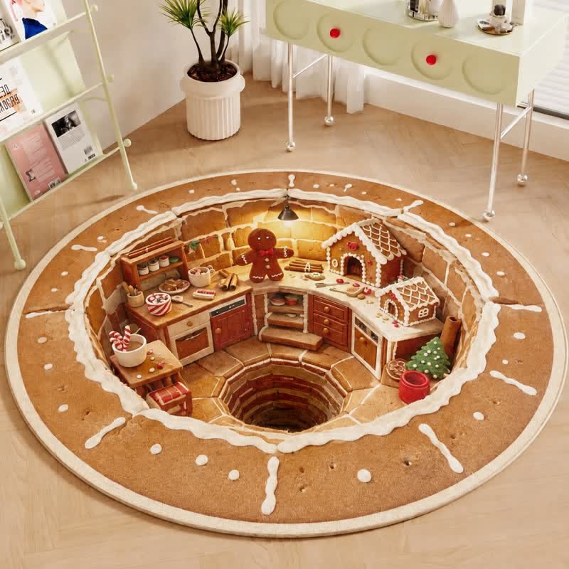 Ownkoti Christmas Round 3D Gingerbread House Rug - 63" x 63" - image 0