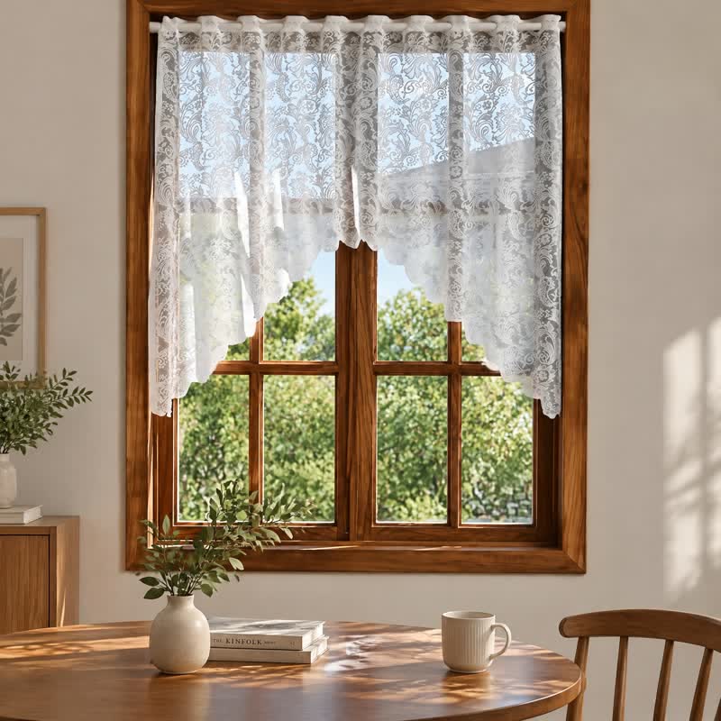 Ownkoti White Phoenix Tail Floral Lace Tier Curtain - image 1