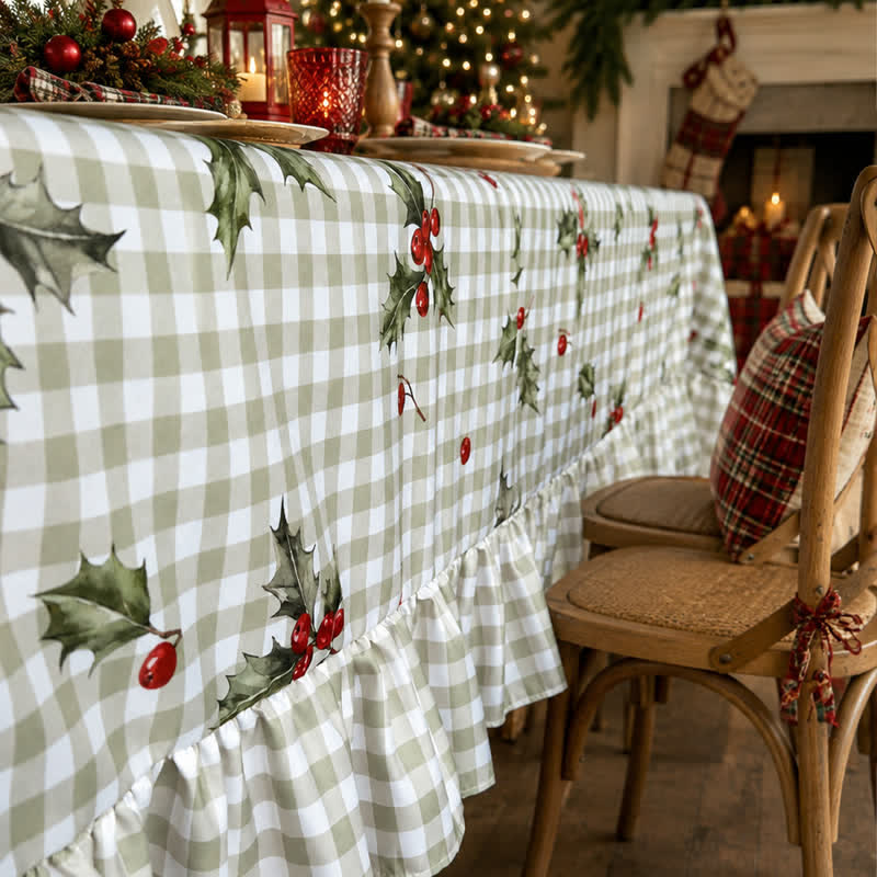 Ownkoti Green Gingham Holly Berry Christmas Tablecloth - image 2