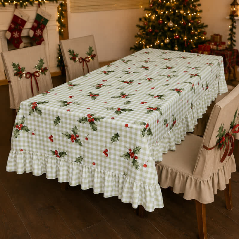 Ownkoti Green Gingham Holly Berry Christmas Tablecloth - image 1