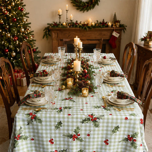 Ownkoti Green Gingham Holly Berry Christmas Tablecloth - 55" x 94" - image 0