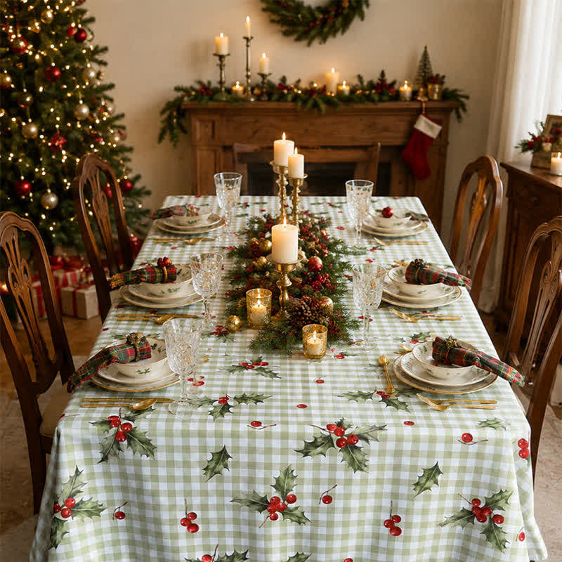 Ownkoti Green Gingham Holly Berry Christmas Tablecloth - 55" x 94" - image 0