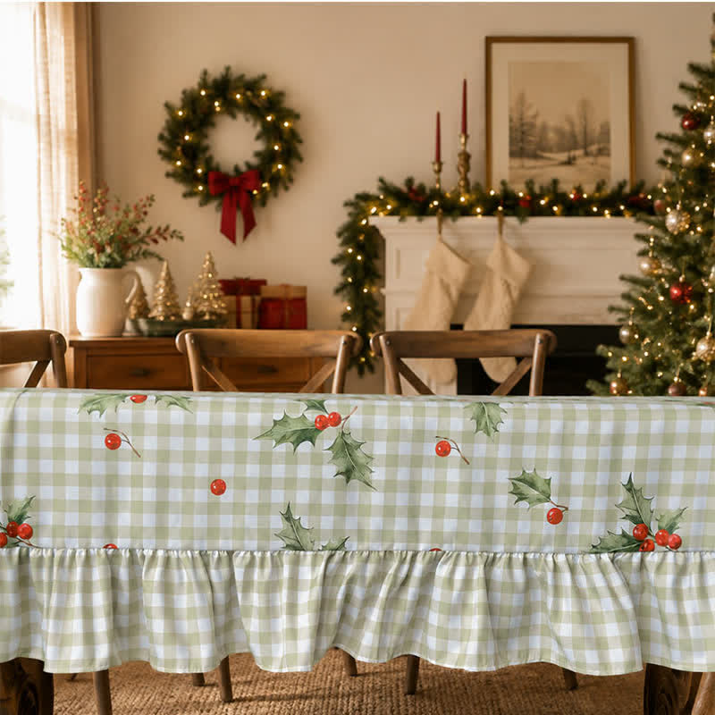 Ownkoti Green Gingham Holly Berry Christmas Tablecloth - image 3