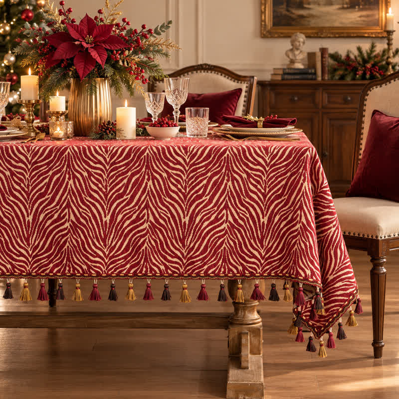 Ownkoti Red Zebra Stripe Tassel Christmas Tablecloth - 55" x 94" - image 0
