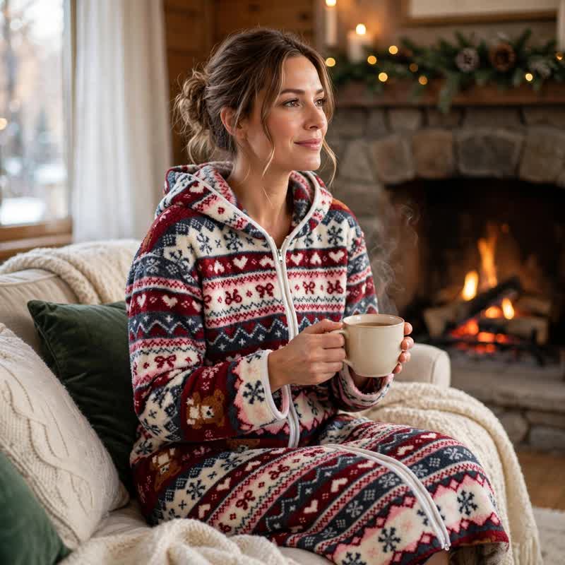 Ownkoti Christmas Snowflake & Bear Zip Hooded Fleece Robe - One Size - image 1